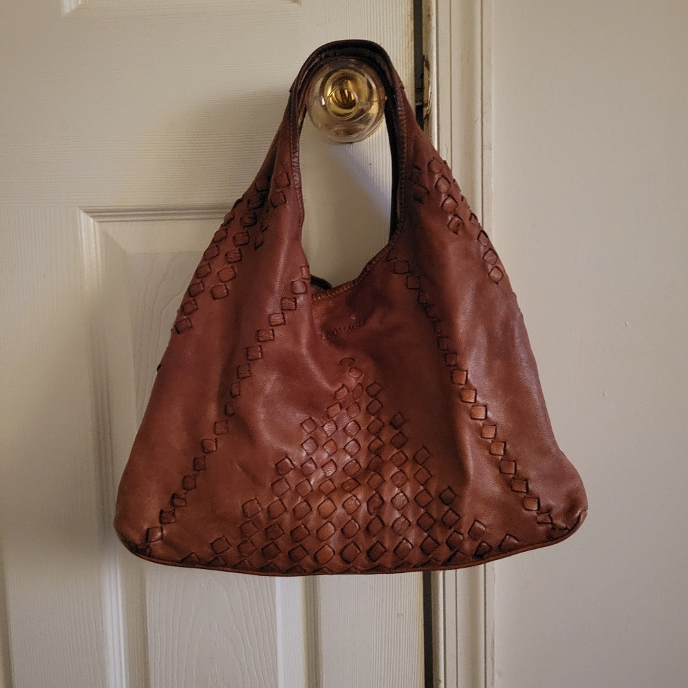 Vintage Bruno Magli Brown Leather Woven Hobo Handbag Satchel Purse